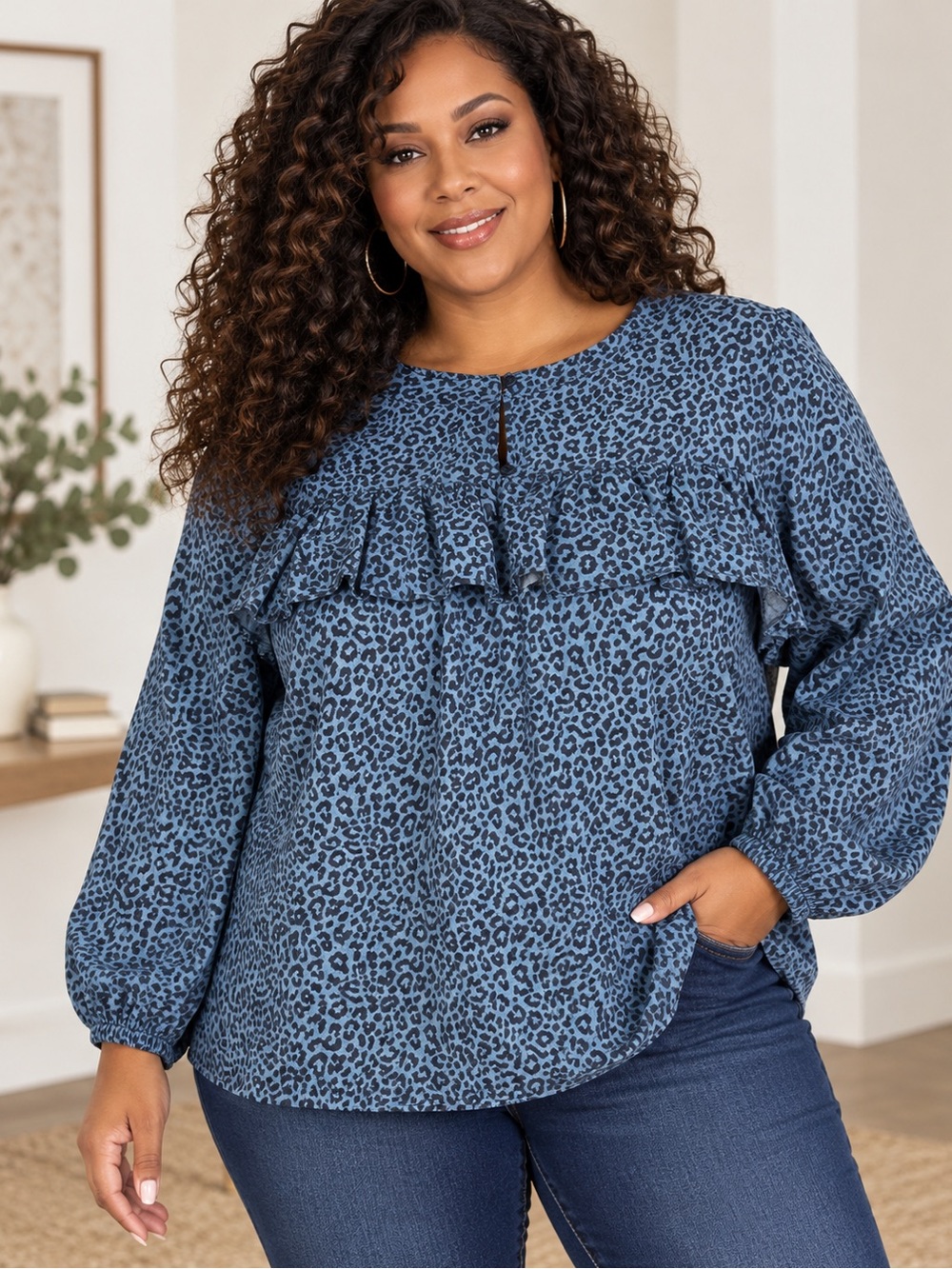 J.Crew XXL Blue Leopard Print Ruffle Blouse Long Sleeve Animal Print Top
